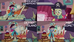 Size: 1280x720 | Tagged: safe, derpibooru import, edit, edited screencap, editor:quoterific, screencap, lily pad (equestria girls), pinkie pie, equestria girls, equestria girls series, pinkie sitting, cookie, female, food, hat, image, jpeg, mobile phone, open mouth, phone, pirate, pirate hat, pirate ship, smartphone