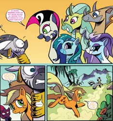 Size: 1196x1278 | Tagged: suggestive, artist:andypriceart, derpibooru import, edit, idw, cactus rose, dust devil (comic), marini, medley brook, tempest shadow, comic, crystal, image, png, text edit