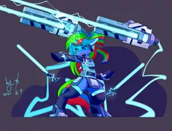 Size: 1024x780 | Tagged: safe, artist:ninebuttom, derpibooru import, oc, pony, unicorn, action pose, armor, bipedal, bowtie, energy weapon, gun, image, lightning, png, science fiction, solo, sword, visor, weapon