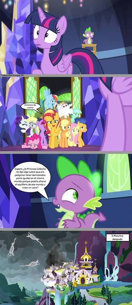 Size: 1137x2627 | Tagged: safe, artist:silverbuller, derpibooru import, edit, edited screencap, editor:enrique zx, screencap, applejack, derpy hooves, flash sentry, fluttershy, lyra heartstrings, pinkie pie, rainbow dash, rarity, sci-twi, spike, sunset shimmer, twilight sparkle, twilight sparkle (alicorn), ponified, alicorn, earth pony, pegasus, pony, unicorn, equestria girls, caption, comic, deviantart, dialogue, equestria girls ponified, horn, humane five, humane seven, humane six, image, image macro, png, screencap comic, spanish, spanish description, spanish text, text, translation, unbalanced, unicorn sci-twi, wings