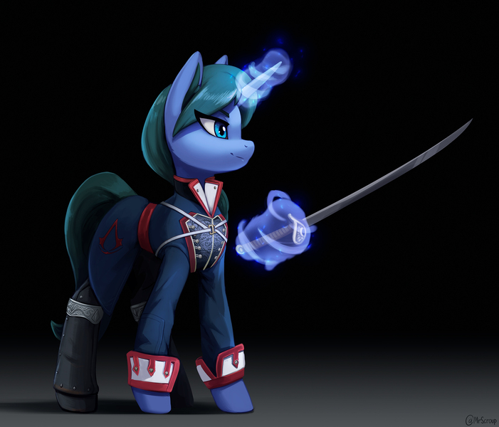 Size: 2000x1713 | Tagged: safe, artist:mrscroup, derpibooru import, oc, oc:arclight, pony, unicorn, black background, blue eyes, clothes, commission, cutie mark, dark background, gradient background, image, jpeg, levitation, magic, melee weapon, simple background, solo, sword, telekinesis, uniform, weapon