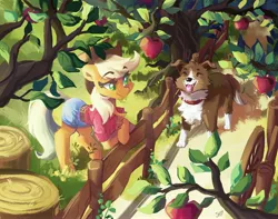 Size: 4096x3223 | Tagged: safe, artist:saxopi, derpibooru import, applejack, winona, dog, earth pony, pony, apple, apple tree, belt, clothes, complex background, female, fence, food, grass, high res, image, jpeg, leaning, leaves, mare, outdoors, shadow, shirt, shorts, standing, tongue out, tree, tree branch, tree stump, wagon wheel