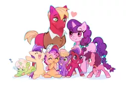 Size: 1280x890 | Tagged: safe, artist:kino-ta, derpibooru import, big macintosh, little mac, sugar belle, oc, oc:braeburn, oc:golden russ, oc:honey crisp (kino-ta), oc:jubilee, oc:pippin apple (kino-ta), earth pony, pony, unicorn, colt, female, filly, image, jpeg, male, offspring, older, parent:big macintosh, parent:sugar belle, parents:sugarmac, shipping, straight, sugarmac