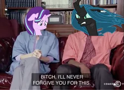 Size: 1600x1157 | Tagged: safe, derpibooru import, queen chrysalis, starlight glimmer, changeling, changeling queen, pony, unicorn, angry, chappelle's show, comedy central, female, image, mare, meme, png, sad, vulgar