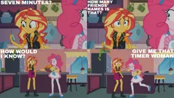 Size: 1280x720 | Tagged: safe, derpibooru import, edit, edited screencap, editor:quoterific, screencap, pinkie pie, sunset shimmer, equestria girls, equestria girls series, holidays unwrapped, spoiler:eqg series (season 2), apron, clothes, cutie mark, cutie mark on clothes, duo, duo female, female, food, geode of empathy, image, jacket, jewelry, leather, leather jacket, magical geodes, necklace, png, saving pinkie's pie, souffle, tanktop