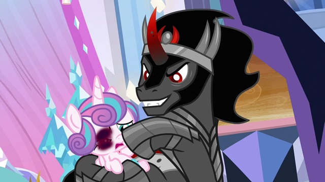 Size: 640x359 | Tagged: semi-grimdark, derpibooru import, edit, edited screencap, screencap, king sombra, princess flurry heart, the beginning of the end, abuse, abuse edit, black eye, crying, flurrybuse, foal abuse, image, jpeg