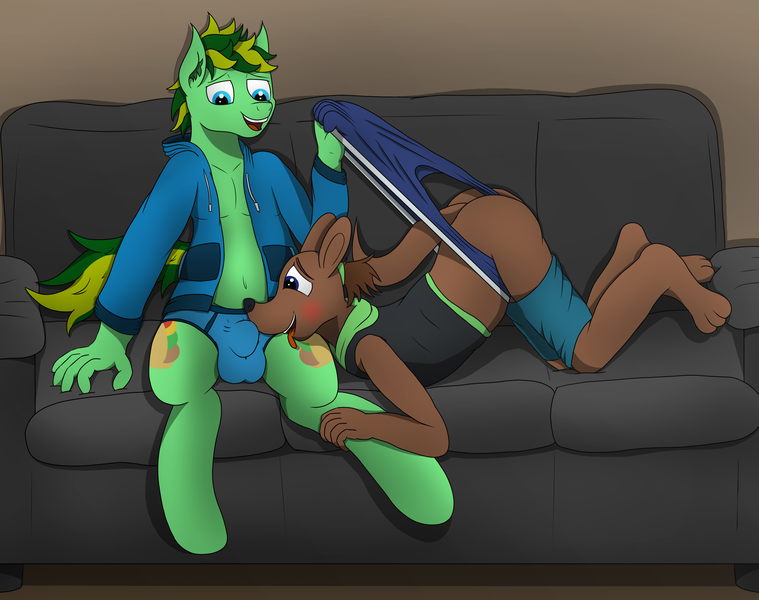 Size: 5891x4654 | Tagged: suggestive, artist:tacomytaco, derpibooru import, oc, oc:taco.m.tacoson, oc:ziggy, unofficial characters only, otter, pegasus, pony, semi-anthro, belly button, blushing, briefs, clothes, couch, crotch bulge, hoodie, image, png, shorts, underwear, wedgie