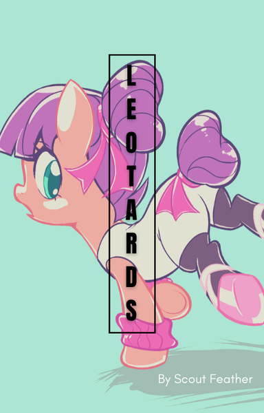 Size: 512x800 | Tagged: questionable, artist:pestil, edit, ponybooru import, strawberry swing, earth pony, pony, fanfic:leotards, author:scout feather, background pony, butt, clothes, cover art, female, filly, image, implied foalcon, leotard, plot, png, solo, underage
