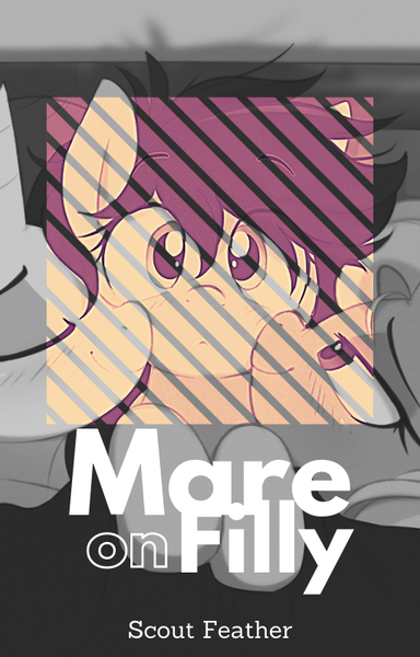 Size: 512x800 | Tagged: questionable, artist:shinodage, ponybooru import, rarity, trixie, oc, oc:anonfilly, fanfic, fanfic:mare on filly, author:scout feather, bed, cover art, fanfic art, fanfic cover, female, grayscale, image, implied foalcon, implied lesbian, monochrome, png, underage