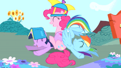 Size: 600x339 | Tagged: safe, derpibooru import, pinkie pie, rainbow dash, twilight sparkle, earth pony, pegasus, pony, unicorn, feeling pinkie keen, animated, book, eyes closed, gif, hat, image, laughing, my little pony adventures, show bible, show pilot, smiling, start of ponies, umbrella, umbrella hat, unicorn twilight