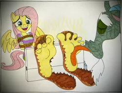 Size: 3731x2830 | Tagged: suggestive, artist:darienspeyer, derpibooru import, discord, fluttershy, anthro, barefoot, clothes, feet, fetish, foot fetish, foot worship, image, jpeg, laughing, open mouth, rope, shoes, smelly feet, soles, stinky feet, stocks, tickle fetish, tickle torture, tickling, tied up, toes