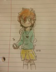 Size: 801x1024 | Tagged: safe, artist:gravityfox10, derpibooru import, oc, unofficial characters only, human, clothes, earbuds, female, humanized, image, jewelry, jpeg, lined paper, necklace, signature, skirt, solo, traditional art