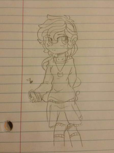 Size: 764x1024 | Tagged: safe, artist:gravityfox10, derpibooru import, oc, unofficial characters only, human, clothes, earbuds, female, humanized, image, jewelry, jpeg, lined paper, necklace, signature, skirt, solo, traditional art