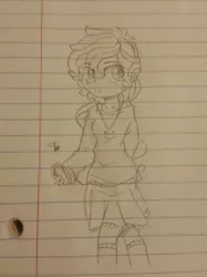 Size: 764x1024 | Tagged: safe, artist:gravityfox10, derpibooru import, oc, unofficial characters only, human, clothes, earbuds, female, humanized, image, jewelry, jpeg, lined paper, necklace, signature, skirt, solo, traditional art