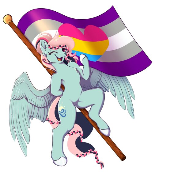 Size: 1800x1900 | Tagged: safe, artist:gobiraptor, derpibooru import, oc, oc:noontime breeze, pegasus, asexual, asexual pride flag, flag, flag pole, image, jpeg, looking at you, one eye closed, panromantic, pegasus oc, pride, pride flag, smiling, smiling at you, wings, wink, winking at you