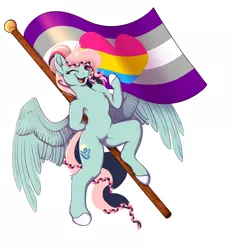 Size: 1800x1900 | Tagged: safe, artist:gobiraptor, derpibooru import, oc, oc:noontime breeze, pegasus, asexual, asexual pride flag, flag, flag pole, image, jpeg, looking at you, one eye closed, panromantic, pegasus oc, pride, pride flag, smiling, smiling at you, wings, wink, winking at you