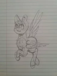 Size: 780x1024 | Tagged: safe, artist:gravityfox10, derpibooru import, oc, unofficial characters only, alicorn, pony, alicorn oc, chest fluff, horn, image, jpeg, lineart, lined paper, sketch, smiling, solo, traditional art, wings