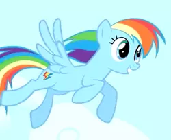 Size: 387x316 | Tagged: safe, derpibooru import, rainbow dash, pegasus, pony, 2009, changed cutie mark, eye color change, flying, image, png, show bible, show pilot, sky, smiling, youtube link