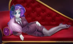 Size: 1649x1000 | Tagged: safe, alternate version, artist:racoonsan, color edit, derpibooru import, edit, editor:drakeyc, rarity, human, equestria girls, rarity investigates, bra, clothes, colored, couch, draw me like one of your french girls, dress, fainting couch, high heels, horn, horned humanization, humanized, image, looking at you, necktie, pantyhose, png, scene interpretation, shoes, skin color edit, skirt, stupid sexy rarity, suit, underwear