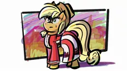 Size: 2400x1350 | Tagged: safe, alternate version, artist:ashtoneer, derpibooru import, applejack, earth pony, pony, applejack's hat, clothes, cowboy hat, distressed, drawthread, dress, female, fire, hat, image, jpeg, mare, nervous, smiling, solo, stressed, sweat, this is fine