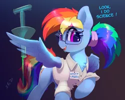 Size: 5000x3993 | Tagged: safe, artist:xbi, derpibooru import, rainbow dash, pegasus, pony, absurd resolution, alternate hairstyle, badge, clothes, dark background, dialogue, drinking, egghead, egghead dash, female, glasses, gradient background, image, looking at you, mare, misspelling, png, ponytail, radioactive, scientist, solo, tabun art-battle finished after, this will not end well, too dumb to live, vial, wing hold