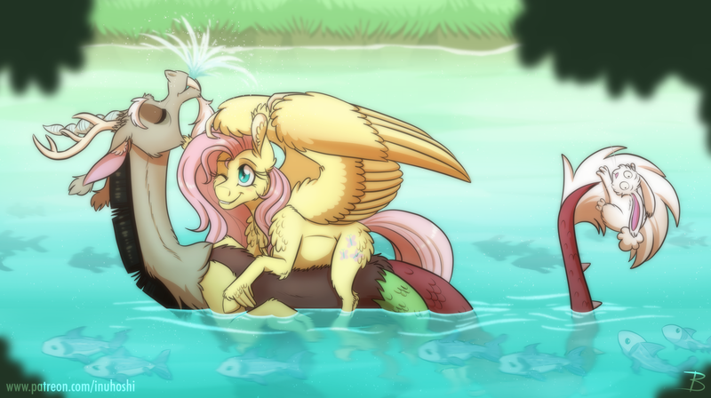 Size: 2229x1247 | Tagged: safe, artist:inuhoshi-to-darkpen, derpibooru import, angel bunny, discord, fluttershy, draconequus, pegasus, pony, chest fluff, discoshy, ear fluff, eyes closed, female, hoof fluff, image, male, one eye closed, png, shipping, straight, water