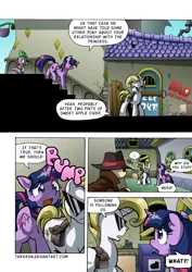 Size: 1204x1700 | Tagged: safe, artist:tarkron, derpibooru import, twilight sparkle, oc, oc:cosmo cool, alicorn, dragon, unicorn, comic:the royal sandal, comic, horn, image, open mouth, png, speech bubble, spy, sunglasses, unicorn oc