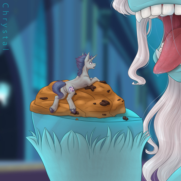 Size: 3307x3307 | Tagged: suggestive, artist:chrystal_company, derpibooru import, oc, unofficial characters only, pony, unicorn, commission, cookie, food, image, jpeg, macro, mawshot, micro, open mouth, teeth, tongue out, vore, ych result