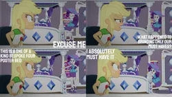 Size: 1280x720 | Tagged: safe, derpibooru import, edit, edited screencap, editor:quoterific, screencap, applejack, rarity, camping must-haves, equestria girls, equestria girls series, spoiler:eqg series (season 2), bracelet, clothes, cutie mark, cutie mark on clothes, duo, duo female, eyes closed, female, geode of shielding, geode of super strength, high heels, image, jewelry, magical geodes, necklace, open mouth, png, rarity peplum dress, shoes