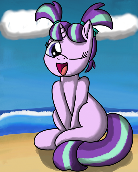 Size: 2400x3000 | Tagged: safe, artist:saburodaimando, derpibooru import, starlight glimmer, pony, unicorn, beach, cute, female, filly, filly starlight glimmer, glimmerbetes, image, one eye closed, pigtails, png, sand, solo, water, wink, younger