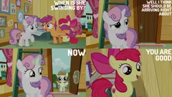 Size: 1280x720 | Tagged: safe, derpibooru import, edit, edited screencap, editor:quoterific, screencap, apple bloom, scootaloo, sweetie belle, zippoorwhill, earth pony, pegasus, pony, unicorn, forever filly, season 7, apple bloom's bow, bow, clubhouse, crusaders clubhouse, cutie mark crusaders, female, filly, hair bow, image, magic, open mouth, png, telekinesis