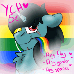 Size: 600x600 | Tagged: safe, artist:euspuche, derpibooru import, oc, oc:aguacate, oc:boomer, oc:godolfredo de las rosas inmaculadas, animated, bouncing, commission, female, flag, gay, gif, image, lesbian, looking at you, male, pride, pride flag, pride month, smiling, transgender, your character here
