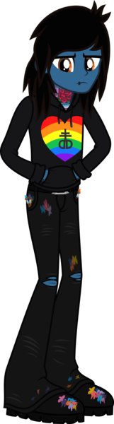 Size: 724x2705 | Tagged: safe, artist:lightningbolt, derpibooru import, oc, ponified:oliver sykes, equestria girls, .svg available, belt, boots, bring me the horizon, clothes, derpibooru exclusive, drop dead clothing, equestria girls-ified, gay pride flag, hand in pocket, hoodie, image, jeans, lidded eyes, lip piercing, looking at you, male, paint stains, pants, piercing, png, pride, pride flag, ripped jeans, ripped pants, shoes, solo, tattoo, torn clothes, vector