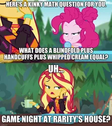 Size: 888x998 | Tagged: suggestive, derpibooru import, edit, edited screencap, screencap, pinkie pie, sunset shimmer, equestria girls, equestria girls series, wake up!, spoiler:eqg series (season 2), caption, image, image macro, jpeg, text