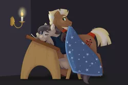 Size: 1280x854 | Tagged: safe, artist:itstechtock, derpibooru import, oc, oc:stoutheart, oc:waxing lyrical, unofficial characters only, bat pony, pony, blanket, image, jpeg, male, mouth hold, stallion