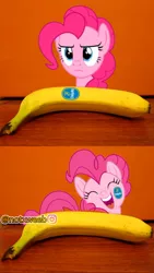 Size: 1288x2289 | Tagged: source needed, safe, derpibooru import, editor:notxweeb, pinkie pie, earth pony, pony, banana, food, image, jpeg, meme, photo, smiling, watermark