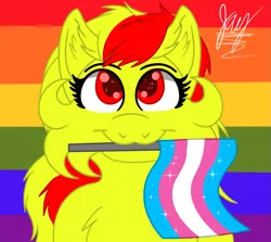 Size: 1343x1200 | Tagged: safe, artist:jay_wackal, derpibooru import, oc, oc:marmalade, unofficial characters only, pegasus, pony, :3, female, holding a flag, image, lgbt, original character do not steal, png, pride, pride flag, smiling, solo, sparkly eyes, starry eyes, transgender, transgender pride flag, wingding eyes