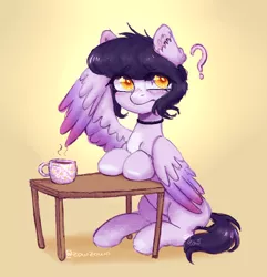 Size: 612x636 | Tagged: safe, artist:zowzowo, derpibooru import, oc, oc:kat, pegasus, pony, black hair, choker, colored wings, colored wingtips, confused, cup, ear fluff, food, fullbody, head scratch, image, piercing, png, question mark, simple background, sitting, solo, table, tea, teacup, three quarter view, wings, yellow background, yellow eyes
