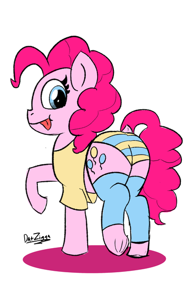 Size: 1950x3072 | Tagged: suggestive, artist:datzigga, derpibooru import, pinkie pie, earth pony, pony, butt, clothes, cute, diapinkes, image, leg warmers, looking back, panties, plot, png, shirt, solo, t-shirt, tongue out, underwear