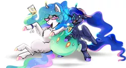 Size: 2257x1230 | Tagged: safe, artist:mylittlegodzilla, derpibooru import, princess celestia, princess luna, alicorn, pony, female, food, genshin impact, glasses, glowing horn, horn, ice cream, image, jpeg, levitation, magic, missing cutie mark, siblings, simple background, sisters, sitting, slime, smiling, telekinesis, tongue out, white background