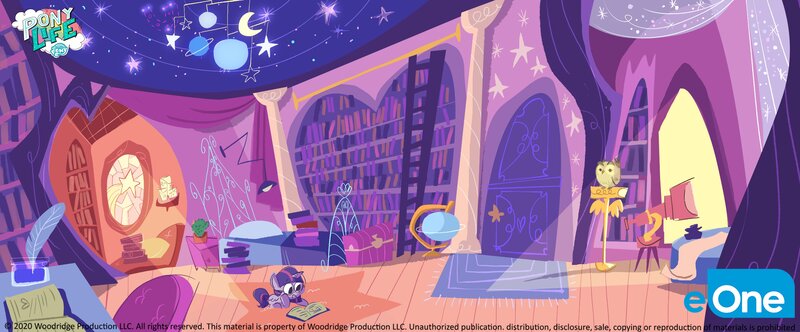 Size: 4096x1698 | Tagged: source needed, safe, derpibooru import, owlowiscious, twilight sparkle, alicorn, bird, owl, game knight, my little pony: pony life, spoiler:pony life s01e21, bed, bedroom, book, bookshelf, cactus, concept art, door, eone, feather, globe, image, jpeg, ladder, light, logo, my little pony logo, official, quill, telescope, text, twilight sparkle (alicorn), window