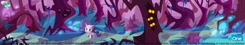 Size: 4096x754 | Tagged: source needed, safe, derpibooru import, official, rarity, pony, unicorn, campfire stories, my little pony: pony life, spoiler:pony life s01e11, amputee, concept art, eone, female, forest, image, jpeg, logo, mushroom, my little pony logo, night, ominous, panorama, path, stump, text, tree