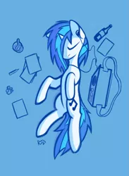 Size: 1895x2585 | Tagged: safe, artist:rsd500, derpibooru import, vinyl scratch, pony, blue, blue background, bottle, digital art, dream, eyes closed, headphones, image, listening to music, lying down, lying on the ground, music, png, radio, simple background