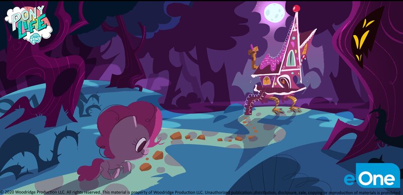 Size: 4096x1985 | Tagged: source needed, safe, derpibooru import, official, gingerbread, pinkie pie, earth pony, pony, death of a sales-pony, my little pony: pony life, spoiler:pony life s01e07, baba yaga, concept art, eone, female, female focus, forest, gingerbread house, house, image, jpeg, logo, moon, my little pony logo, night, ominous, path, solo, solo female, solo focus, text, trail, tree