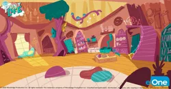 Size: 4096x2135 | Tagged: source needed, safe, derpibooru import, bird, bighoof walking, my little pony: pony life, spoiler:pony life s01e08, bird house, bookshelf, bread, carrot, concept art, curtain, cushion, eone, fluttershy's cottage, fluttershy's cottage (interior), food, image, jpeg, kitchen, lamp, light, lightbulb, logo, my little pony logo, no pony, official, picture frame, sink, staircase, stairs, stove, text, tree, tree branch, window