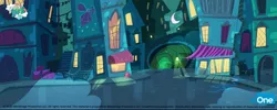 Size: 4096x1644 | Tagged: source needed, safe, derpibooru import, my little pony: pony life, whoof-dunnit, spoiler:pony life s01e22, building, cafe, city, clothes line, concept art, door, eone, image, jpeg, lamppost, light, logo, microsoft, moon, my little pony logo, night, no pony, official, perfume, road, stairs, stars, text, town, trash bag, tunnel, windows