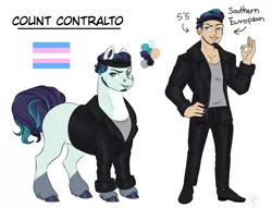 Size: 2034x1555 | Tagged: safe, artist:theartfox2468, derpibooru import, coloratura, earth pony, human, pony, alternate hairstyle, beard, clothes, description is relevant, ear piercing, earring, facial hair, grin, headband, humanized, image, jacket, jewelry, leather jacket, male, markings, missing cutie mark, nail polish, ok hand sign, piercing, png, pride, pride flag, rara, redesign, reference sheet, shirt, shoes, simple background, smiling, solo, stallion, t-shirt, trans male, transgender, transgender pride flag, unshorn fetlocks, white background
