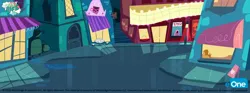 Size: 4096x1529 | Tagged: source needed, safe, derpibooru import, my little pony: pony life, whoof-dunnit, spoiler:pony life s01e22, alleyway, building, cafe, cinema, city, door, dumpster, eone, facade, image, jpeg, lamppost, light, logo, microsoft, my little pony logo, night, no pony, official, road, sidewalk, sign, table, text, town, trash bag, windows