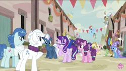 Size: 1280x720 | Tagged: safe, derpibooru import, screencap, applejack, discord, double diamond, fluttershy, night glider, party favor, pinkie pie, princess cadance, princess celestia, princess flurry heart, princess luna, rainbow dash, rarity, shining armor, spike, starlight glimmer, sugar belle, trixie, twilight sparkle, twilight sparkle (alicorn), alicorn, draconequus, dragon, earth pony, pegasus, pony, unicorn, season 6, to where and back again, alicorn pentarchy, animated, cape, clothes, female, hat, image, letupita725hd, male, mane seven, mane six, mare, no sound, our town, stallion, trixie's cape, trixie's hat, webm