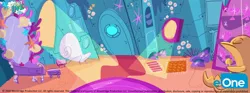 Size: 4096x1528 | Tagged: source needed, safe, derpibooru import, dolphin, starfish, dol-fin-ale, my little pony: pony life, spoiler:pony life s01e12, chair, concept art, coral, door, eone, image, inside, jpeg, light, logo, mirror, my little pony logo, no pony, official, porthole, rug, seashell, statue, text, throne room, trophy, trophy case, vanity, water, window